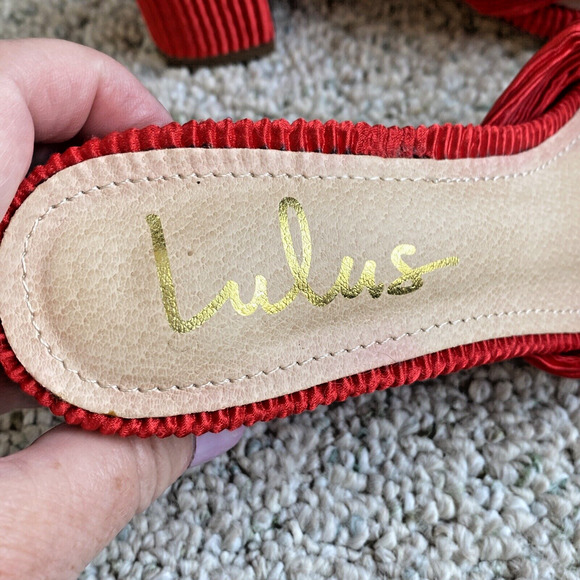 Lulus Red Pleated Satin High Heel Slides Dressy Slip On Sandals 8M Elegant Sexy - Picture 3 of 11